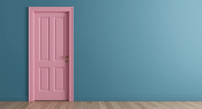 Elegant interior with a pastel pink door set against a matte blue wall
