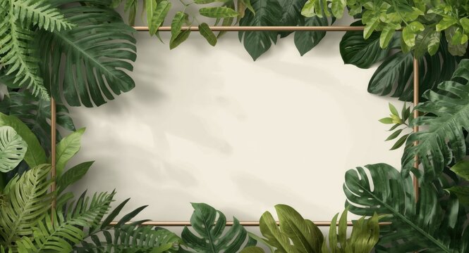 Mockup of design frame bordered by rich tropical foliage and ferns