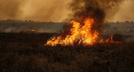Fototapeta premium Wildfire emergency with heavy smoke and blazing orange flames in grassy wilderness