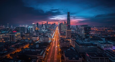 Obraz premium Radiant cityscape illuminated by vibrant night lights during twilight