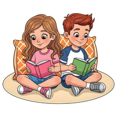 Children reading books on a rug with pillows isolated on a transparent background