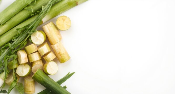 Close view of cut sugarcane pieces and green leaves on white background with copy space
