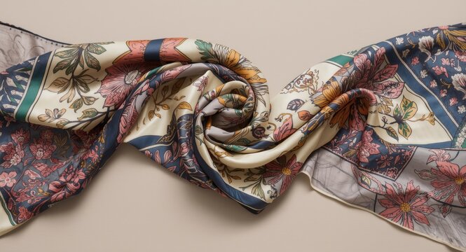 Stylish silk hijab design combining abstract floral ecoprint with geometric elements