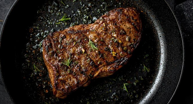 Overhead frying pan image of herbed grilled ribeye steak with copy space