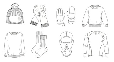 A collection of winter clothing items including sweaters, scarves, and gloves Vector © Alex