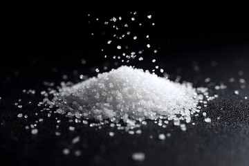 Macro shot of white salt or sugar crystals falling onto a small mound against a black background with dramatic lighting, perfect for food and cooking themes.