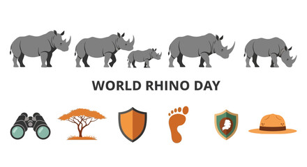 Graphic design for World Rhino Day featuring five rhinos and conservation icons © Agung