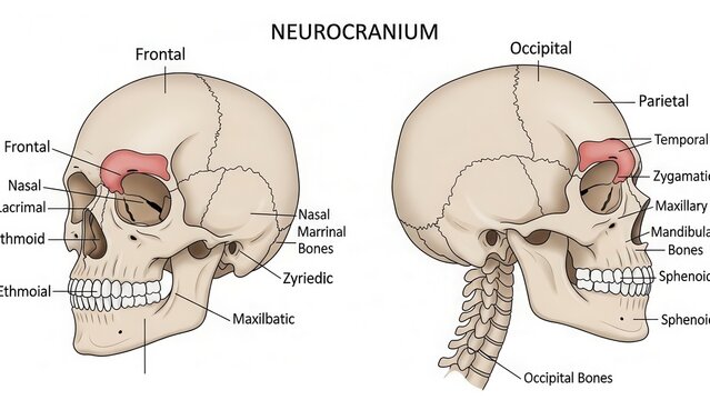 Detailed anatomical diagram of the human skull and neurocranium