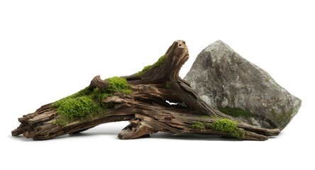 Naklejka premium side angle showing moss covered decomposed wood and stone isolated on white background
