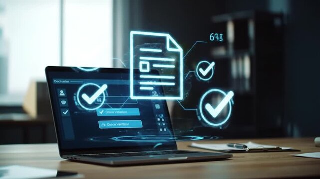 Digital Approval: A modern laptop displays the concept of digital approval with a glowing holographic document overlayed with checkmarks, indicating a seamless approval process. 