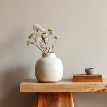 Vase with flowers on wooden table.