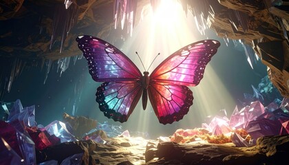 A luminescent butterfly with galaxy wings in a colorful crystal cave