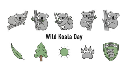 Illustrations for Wild Koala Day featuring koalas eucalyptus leaf tree sun paw print and conservation shield