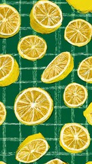 Fototapeta premium Vibrant Citrus Pattern: Fresh Yellow Lemons Sliced and Whole on a Green Plaid Background, Hand-Drawn Illustration
