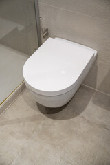 Modern wall-mounted toilet fitting into a minimalist bathroom interior, creating a clean design concept, representing a contemporary living space and highlighting hygiene and comfort