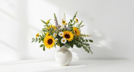 White background mockup featuring summer flowers in a simple elegant vase display