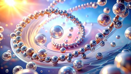 3D-rendered spiral, glowing metallic spheres, abstract science concept