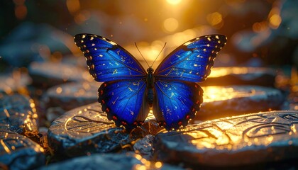 Blue butterfly rests on textured surface with a warm, glowing background