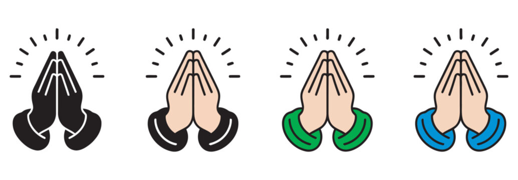 Prayer and respect icons set, linear hands praying illustrations, religious and spiritual symbols, gratitude and devotion concept, vector design on white background