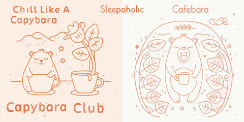 Cute capybara illustration with coffee and botanical elements a playful design