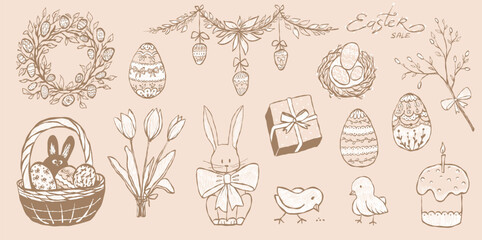 Whimsical vintage Easter vector set with rabbit, eggs, willow branches, and botanical decor © Sasha