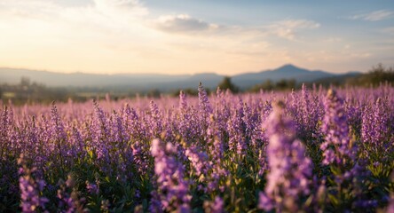 Fototapeta premium Serene violet floral meadow in a natural landscape with a soft sky and distant hills