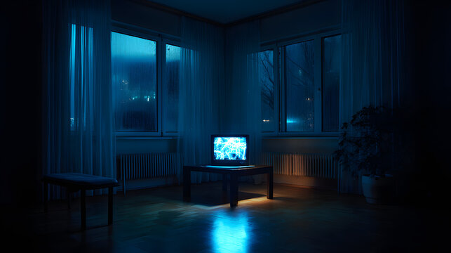 Atmospheric dark room with glowing vintage television on table during rainy night. Cinematic moody living room interior with blue lighting and raindrops on windows.