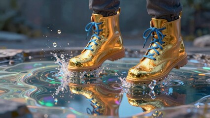 A pair of golden boots with blue laces stepping in water, reflecting their shine on the surface
