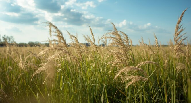 Sunlit wild rye grass in vivid green spreading across summer fields for nature visuals