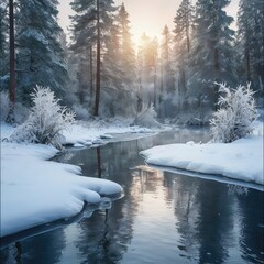 river in winter, Snow-covered with frozen water reflections, misty morning light, pine trees, soft blue tones, photorealistic nature scene