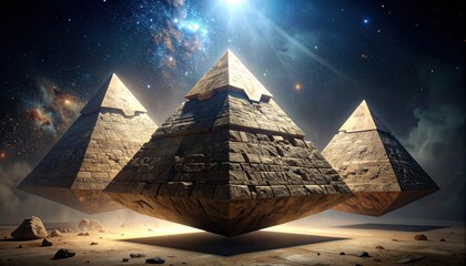 Ancient stone pyramids float against a cosmic galaxy background