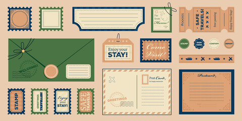 Postage and travelling cards, postcards, stamps, and marks. Vector design elements and templates for vacations and sending packages. © Diana Berber