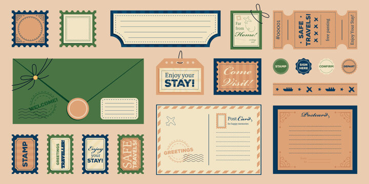Postage and travelling cards, postcards, stamps, and marks. Vector design elements and templates for vacations and sending packages.