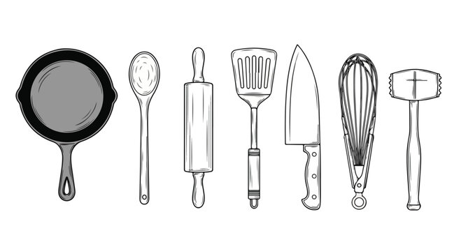 A collection of various kitchen utensils and tools for cooking and baking Vector