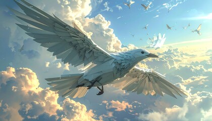 A stylized white bird with geometric wings flies amid a bright, cloudy sky