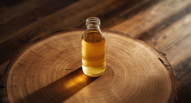 Glass bottle with natural apple juice displayed on a rough cut wood table