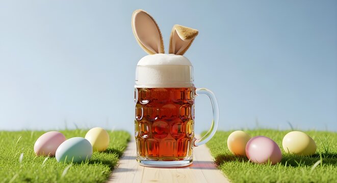 Easter Bunny Beer Mug With Colorful Eggs On Green Grass