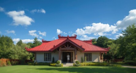 Dwelling with red metal profile roof and decorative elements under blue sky