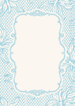 Elegant vintage greeting card template with a blank ornate hand drawn frame on a light blue lace and floral pattern background. Delicate romantic invitation for wedding or baby shower. Vector design
