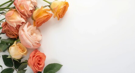 Overhead composition of rose and apricot flowers on plain white surface with copy space