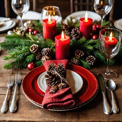 christmas table setting, Holiday dinner table with candles, pinecones, red napkins, cozy warm tones