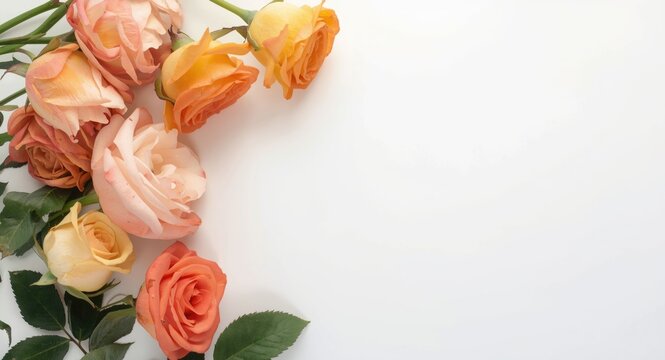 Overhead composition of rose and apricot flowers on plain white surface with copy space