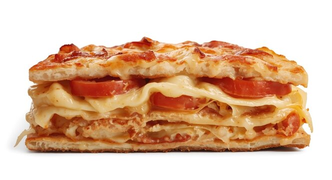 Mouthwatering rectangular pizza slice showing potatoes, tomato, and cheese layers in close up