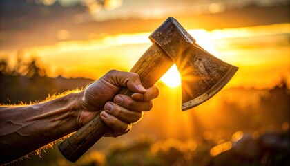 Hand holding an axe against a brilliant sunset