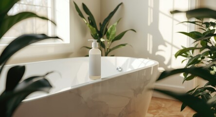 Fototapeta premium Blank labeled shampoo bottle mockup in minimalist bathroom with gentle natural lighting and leafy plant decor