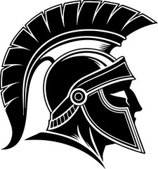 Black and white vector illustration of a Spartan or Trojan warrior profile head wearing a plumed helmet mascot graphic