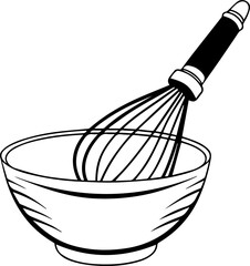 Whisk in Mixing Bowl Black and White Line Art Icon Kitchen Utensil Vector Illustration