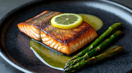 grilled salmon steak with lemon and asparagus