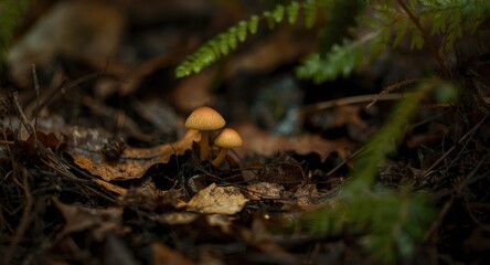 Two small mushrooms spotted on woodland ground cover