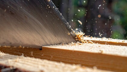 Close-up of a saw blade cutting through a piece of wood, sawdust flying